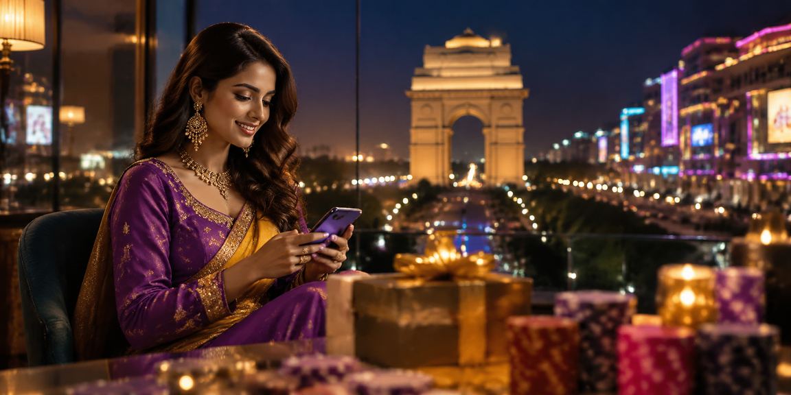 Night view of India Gate with mobile casino display neon lights